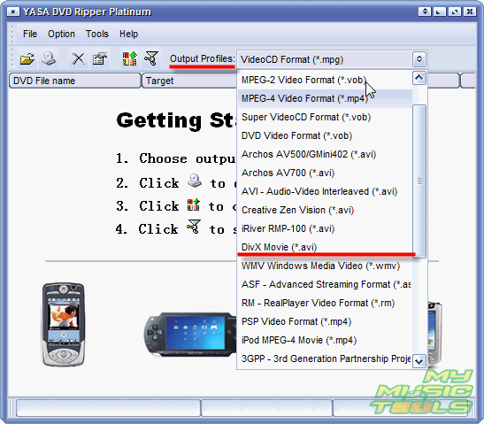 Select DivX for output profile