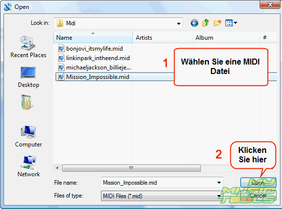 Whlen Sie Ihre MIDI Datei