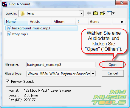 Whlen Sie Audiodatei und klicken ffnen