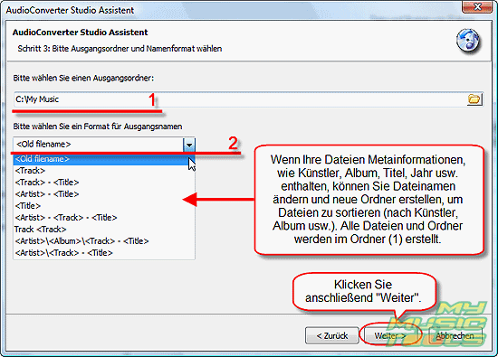 Ausgabeordner fr MP3 Dateien whlen, Namenformat anpassen