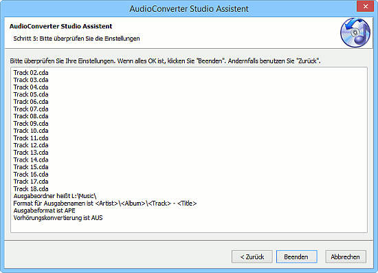Zusammenfassung fr Ihre Umwandelung von Audio CD in APE