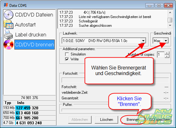 Klicken Sie Brennen, um das Proze zu starten