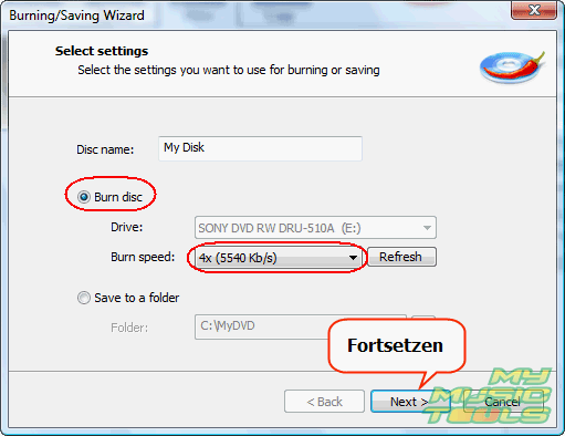 Legen Sie eine leere DVD ein und klicken Sie Next