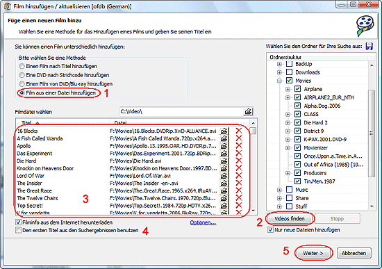 Videodateien in Ordnern suchen und Filme hinzufgen