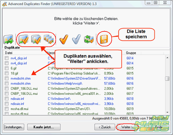 Markieren die Dateien, die entfernt werden sollen