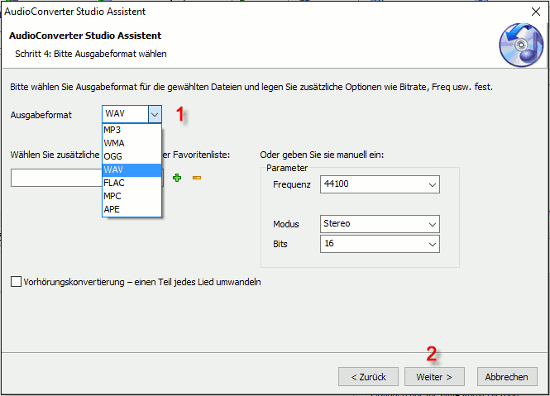 WAV als Ausgabeformat festlegen