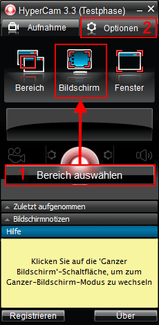 Bildschirm-Bereich zum Aufnehmen whlen