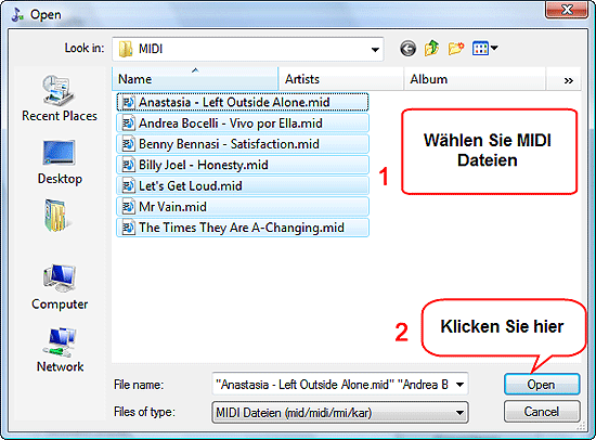 MIDI oder KAR Dateien whlen