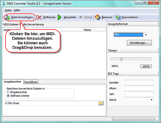 MIDI Dateien hinzufgen, die Sie in MP3 umwandeln