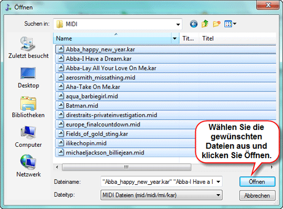 MIDI oder KAR Dateien ffnen