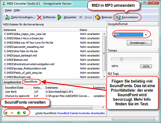 MIDI in MP3 mit Soundfonts umwandeln