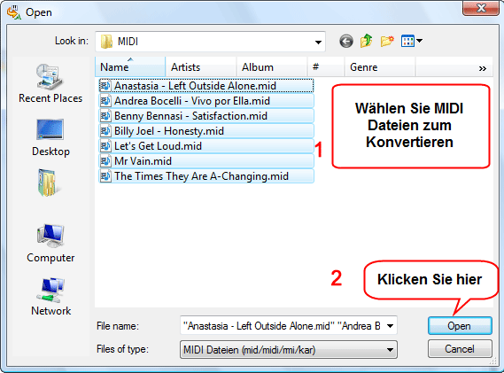 MIDI zum Umwandeln ffnen