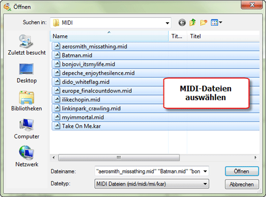 MIDI Dateien zum Umwandeln ffnen