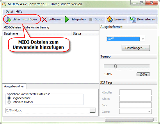 Dateien zu MIDI to WAV Converter hinzufgen