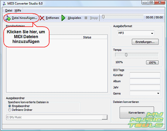 MIDI Dateien zum Konvertieren hinzufgen