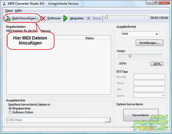 MIDI Dateien zum Konvertieren hinzufgen