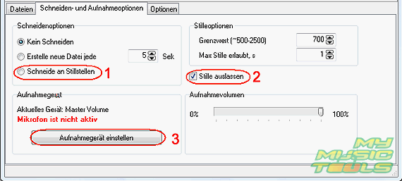 Schneiden- und Aufnahmeoptionen