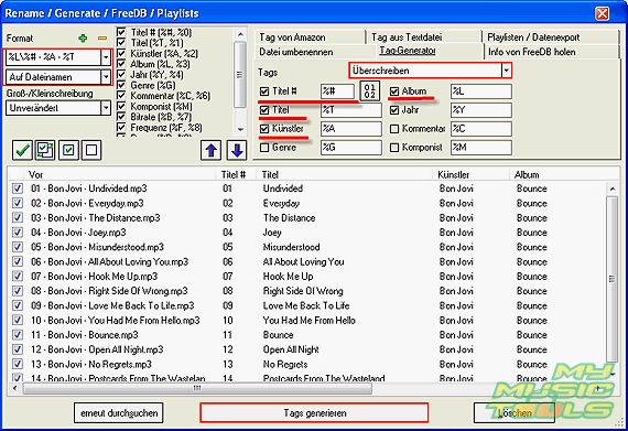 Format eingeben, ID3-Tags vorschauen, dann Tags generieren anklicken