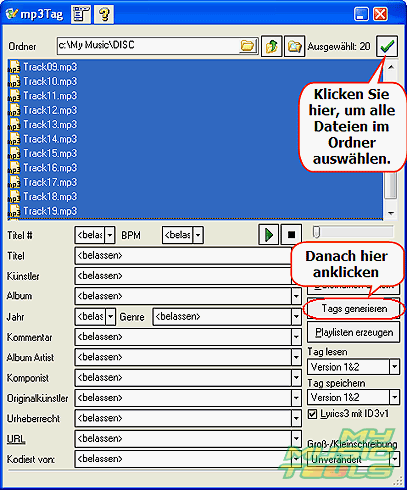 Ihre Audiodateien auswhlen und Tags generieren