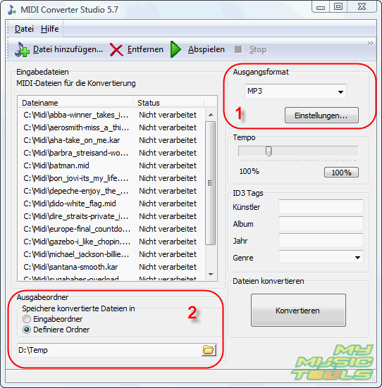 Whlen Sie Ausgangsformat und Ordner