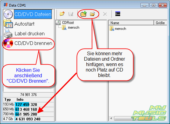 Fgen Sie mehr MP3 Dateien und Ordner, wenn es noch Platz auf CD gibt