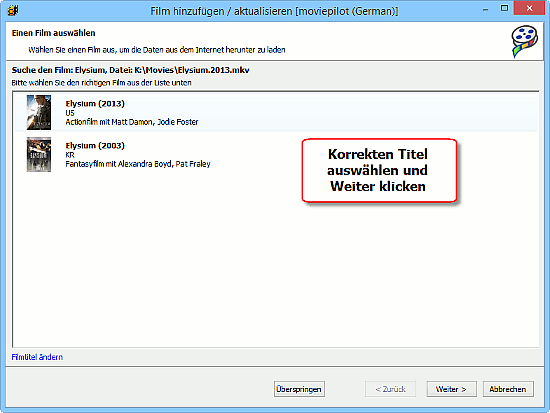 Informationen ber Filme gefunden
