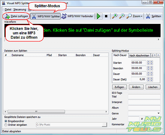 MP3 Dateien zum Splitten hinzufgen