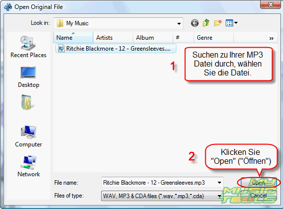 Whlen und ffnen Sie Ihre MP3 Datei