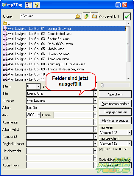 WMA Tags erfolgreich gespeichert