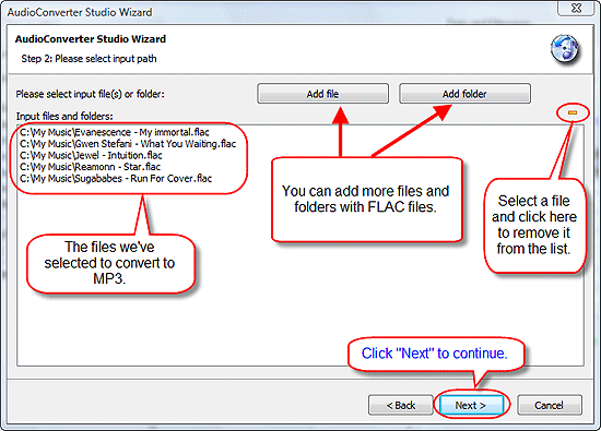 Agregue más archivos FLAC o quitarlos de la lista y, a continuación, haga clic en Siguiente (Next)