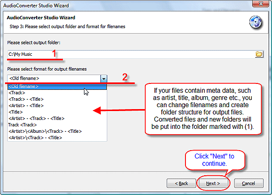 Establezca el formato de carpeta y nombre de archivo para los archivos de salida
