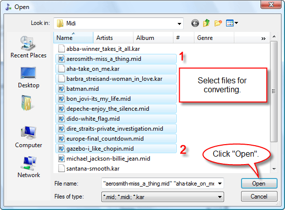 Busque los archivos MIDI, resáltelos, haga clic en Abrir (Open)