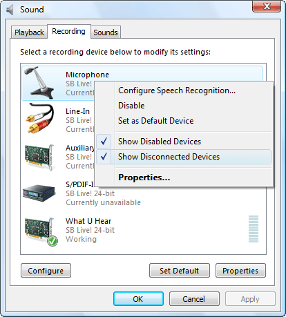 Mostrar dispositivos de grabación inactivos