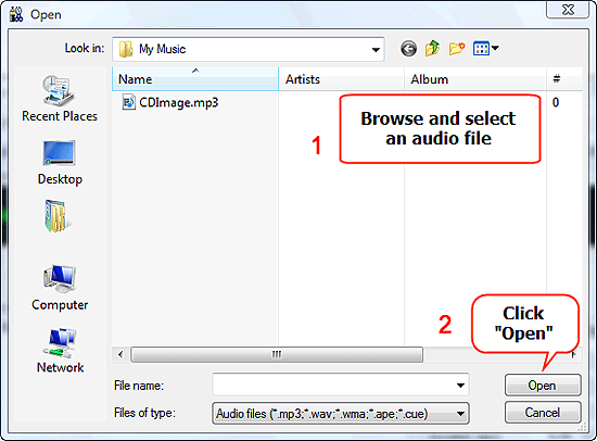 Buscar y seleccionar el archivo de audio