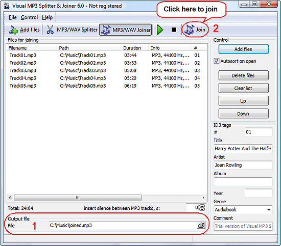 Establecer el nombre de archivo y la carpeta de salida, combinar los archivos MP3