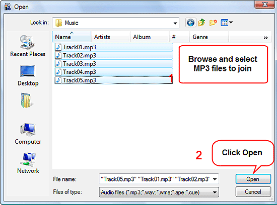 Seleccionar los archivos MP3 para combinarlos