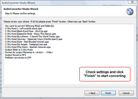 Vérifier les paramètres et cliquer sur Terminer pour convertir les APE en MP3