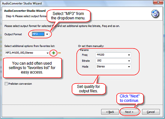 Choisir les paramètres de qualité des fichiers MP3 de sortie.