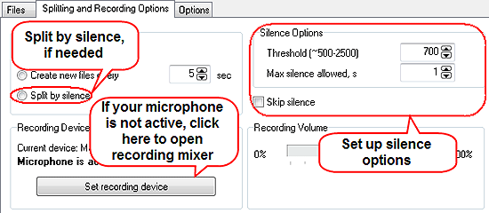 Fractionnement de fichier et options de détection de silence