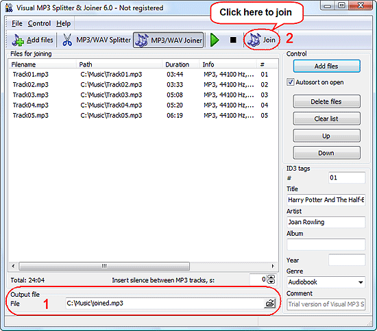 Définir le dossier de sortie et le nom de fichier, joindre les fichiers MP3