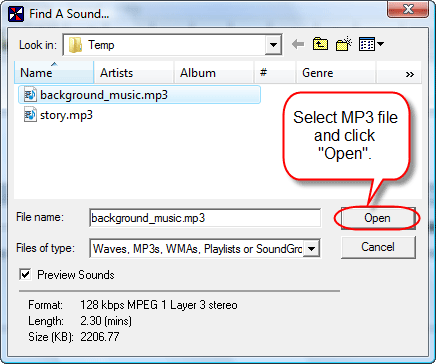 Select audio file and click Open