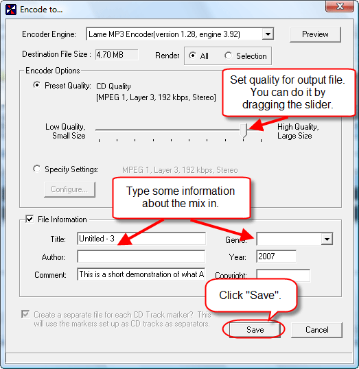 Set quality and ID3 tags, click Save, wait for the program to finish