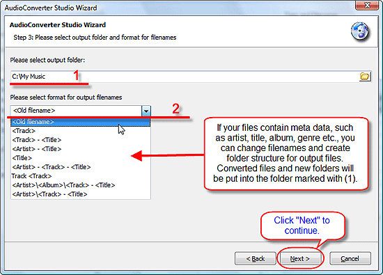 Set output folder and filename format for output files