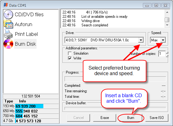 Insert blank CD and click Burn