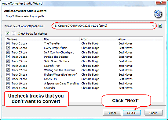 Select tracks to rip and continue