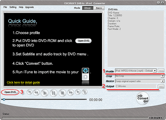 Select output profile and folder, click Open DVD
