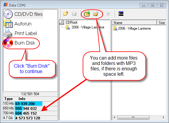 Add more files and folders, or click Burn Disk to continue