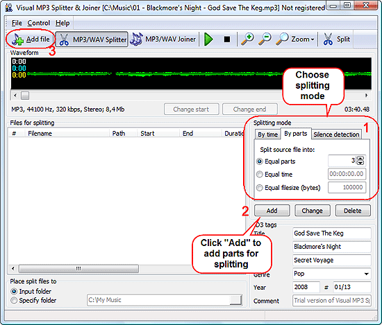 Mark parts of MP3 file for splitting