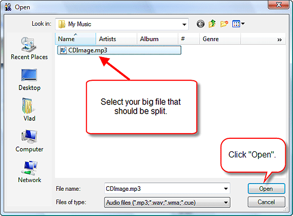 Select MP3 file you want to split