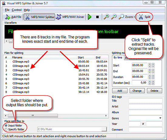 Choose output folder and click Split